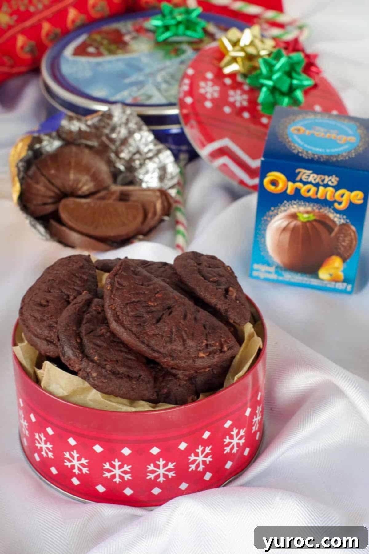Terry's chocolate orange cookies recipes in a red Christmas tin