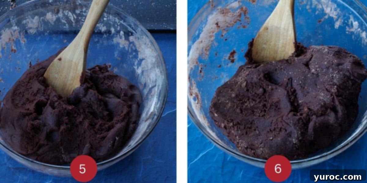 Collage of 2 photos of Terry's chocolate orange cookies (dry and wet) ingredients being mixed together.