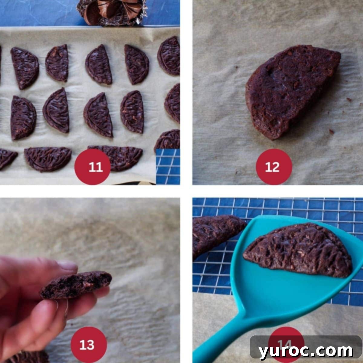 Collage of 4 photos of Terry's chocolate orange cookies being baked and cooled.