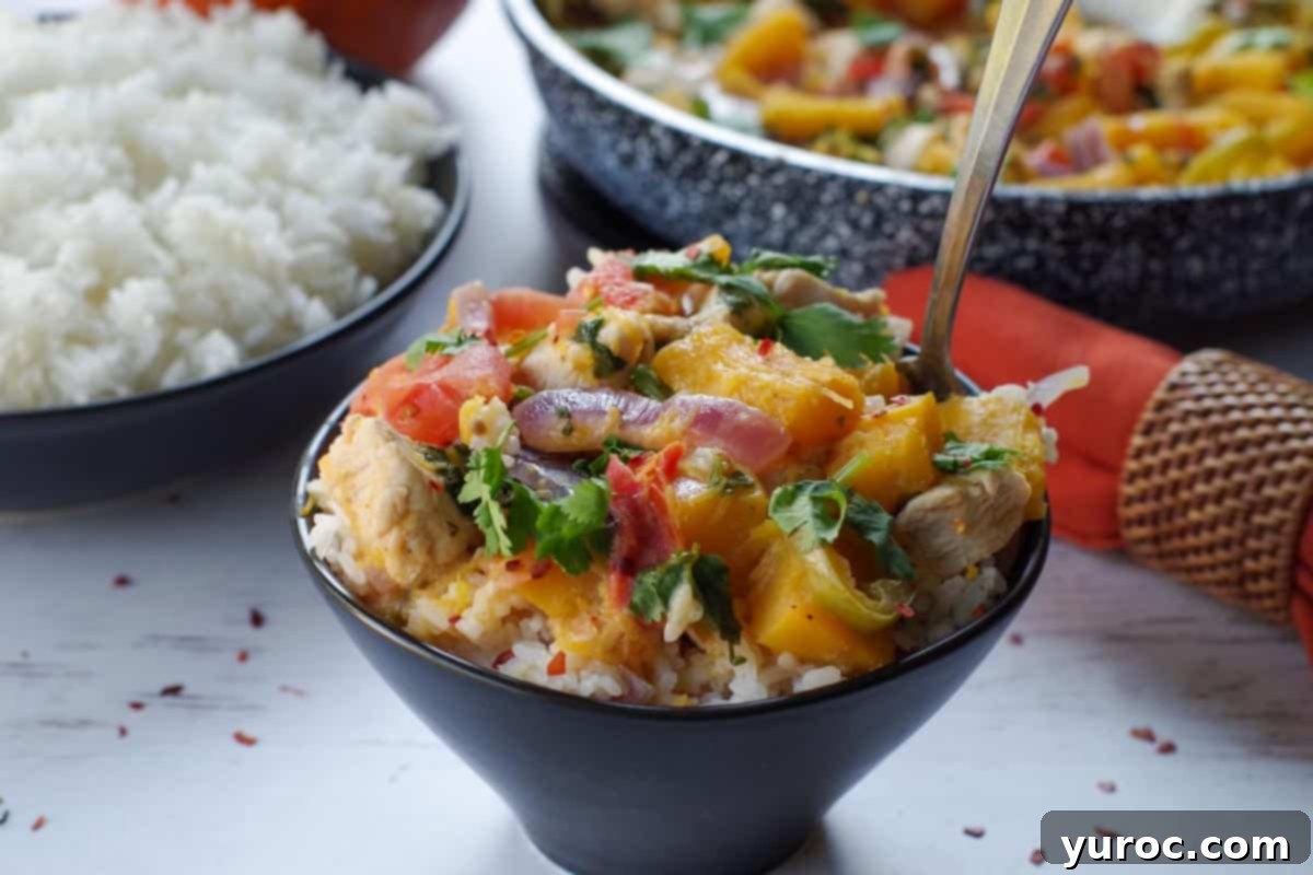 A vibrant bowl of Coconut Pumpkin Chicken served over fluffy jasmine rice, with more of the delicious dish in the background, showcasing its rich, creamy texture and colorful ingredients.