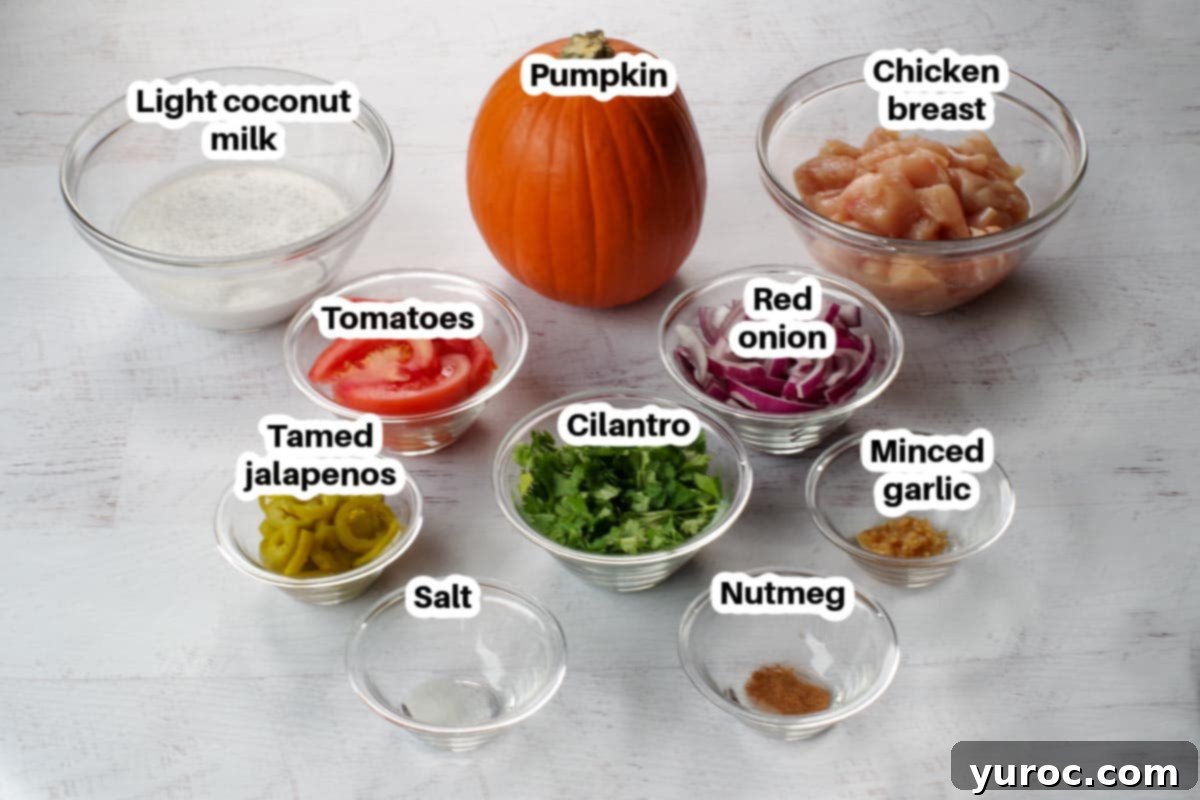 A beautiful arrangement of fresh ingredients for Coconut Pumpkin Chicken in glass bowls, neatly labeled for easy identification.