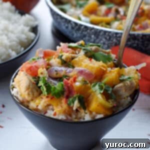 A close-up of Coconut Pumpkin Chicken served over jasmine rice in a black bowl, with a soft blur of the surrounding kitchen setting.