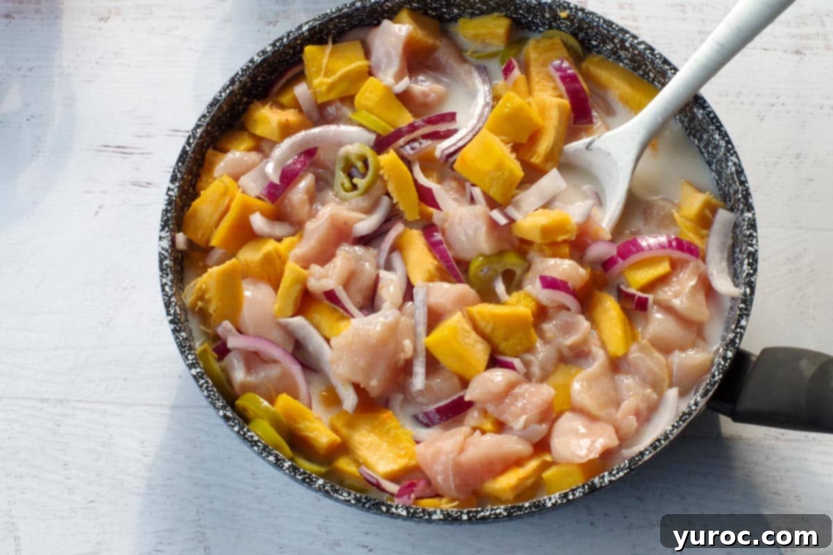 Chopped pumpkin, chicken pieces, tamed jalapeños, red onion, salt, garlic, and nutmeg added to the warming coconut milk in a frying pan.
