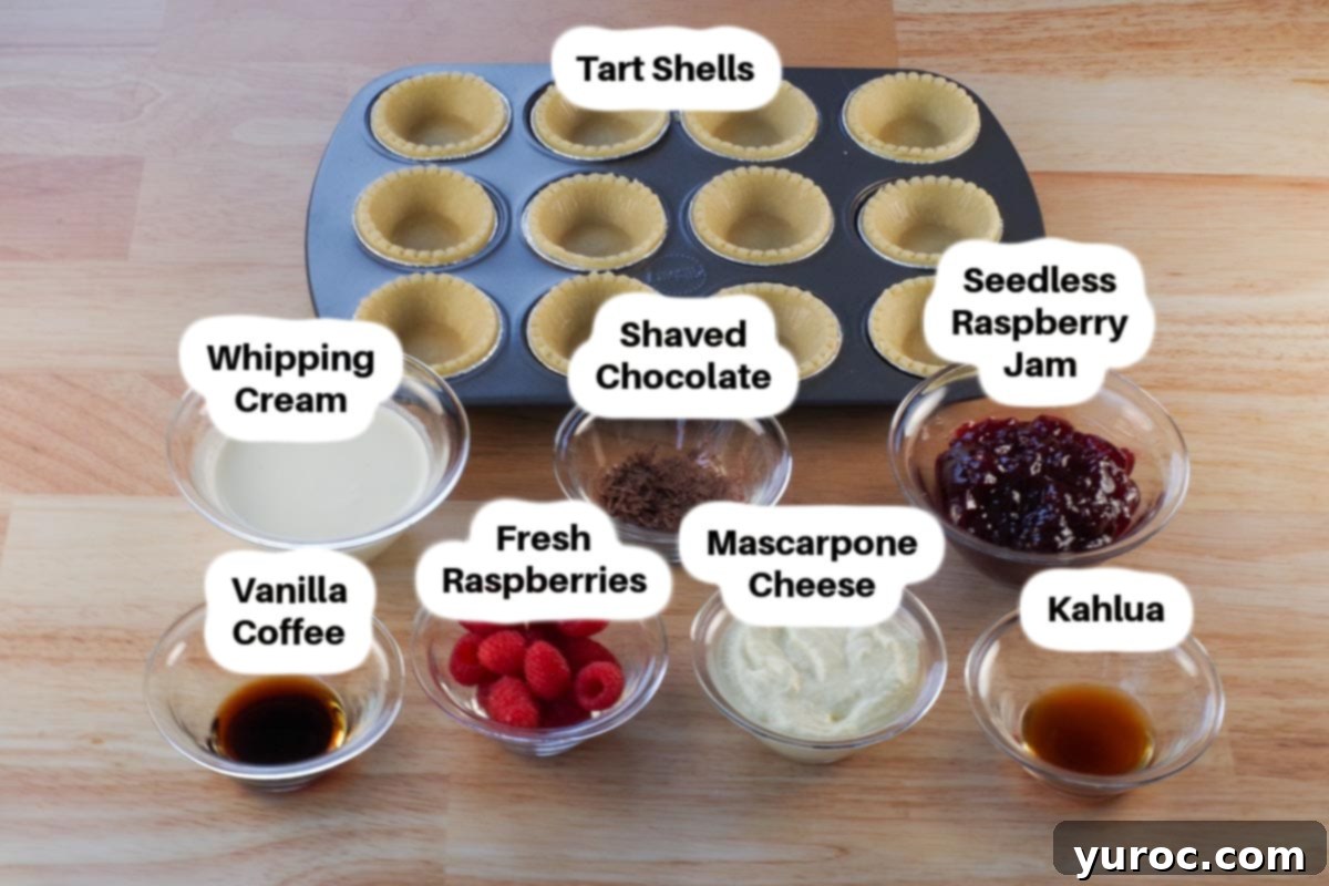 Ingredients in Raspberry Tiramisu Tarts in glass bowls, labelled.