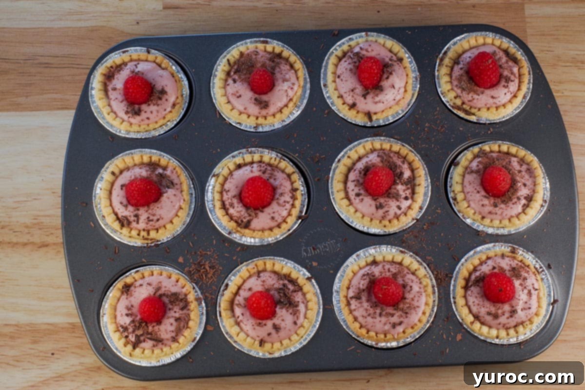 Garnished Raspberry Tiramisu tarts in muffin cup. 