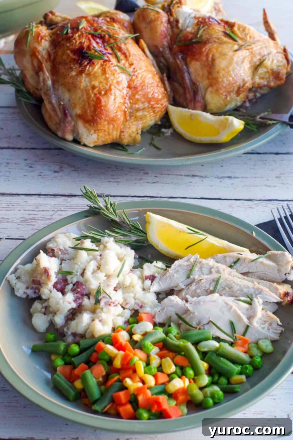 Sliced air fryer chicken on a green plate with mashed potatoes and mixed vegetables, with two whole roast chickens blurred in the background, depicting a generous spread.