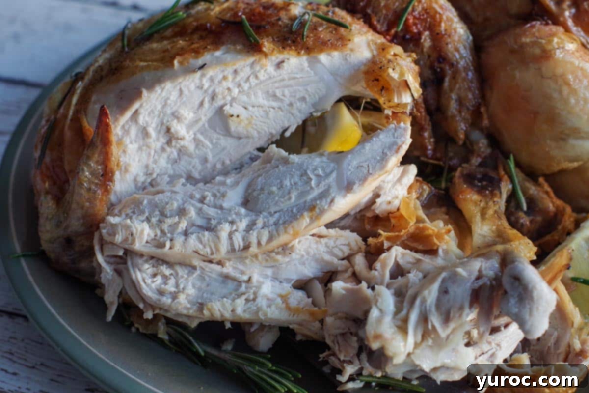 Sliced air fryer whole chicken, ready for serving.