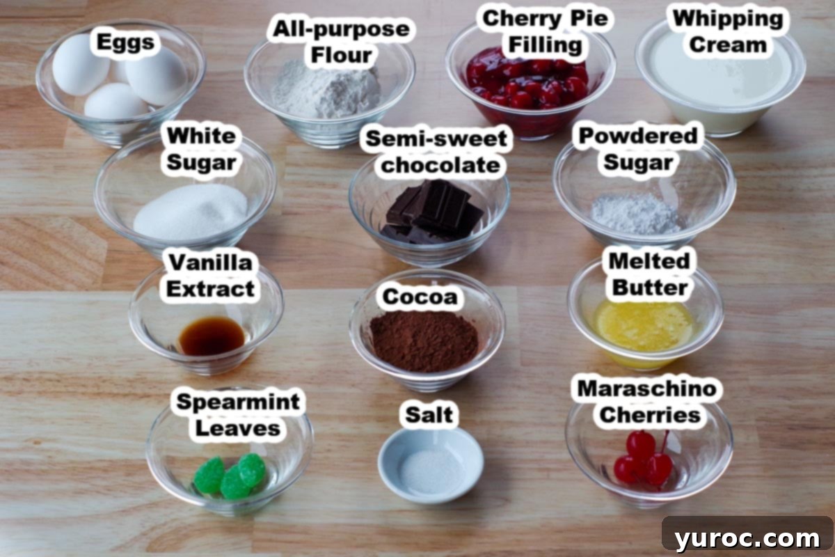 ingredients for black forest yule log cake in glass containers, labelled