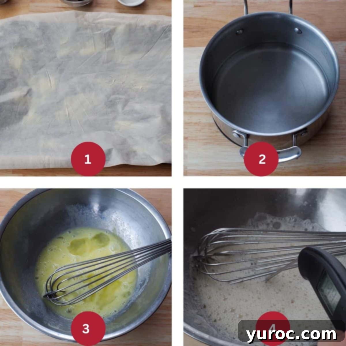Collage of step 1 of 4 photos of making black forest yule log cake. 