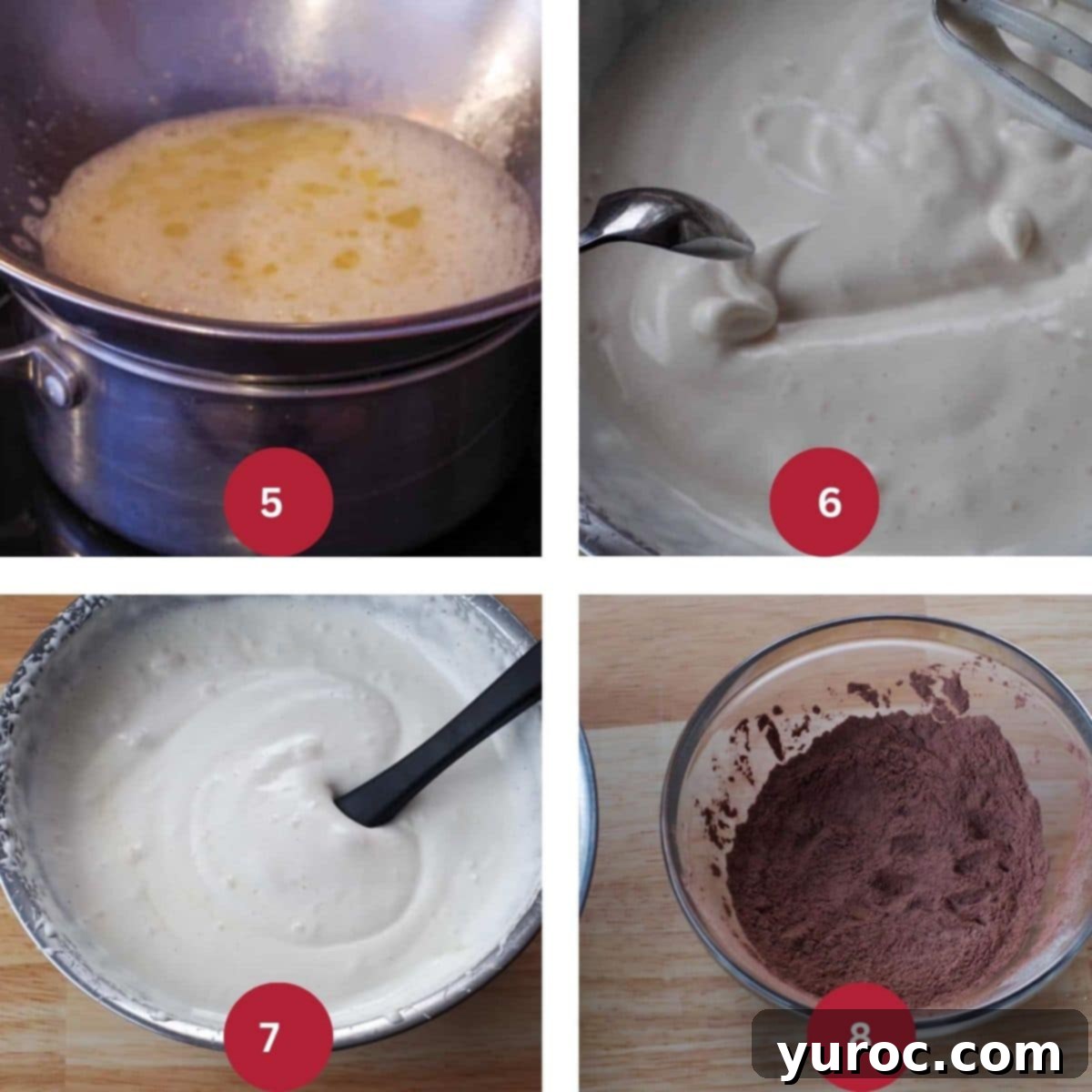 Collage of 4 photos of step 1 (cont'd ) of cake being made.