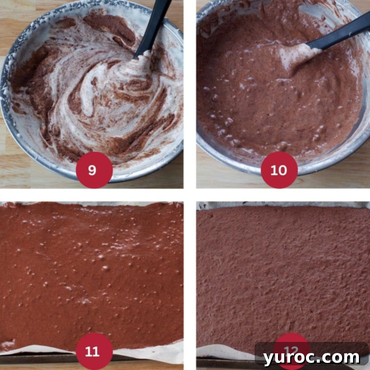 Collage of 4 photos of black forest yule log cake being made and baked.
