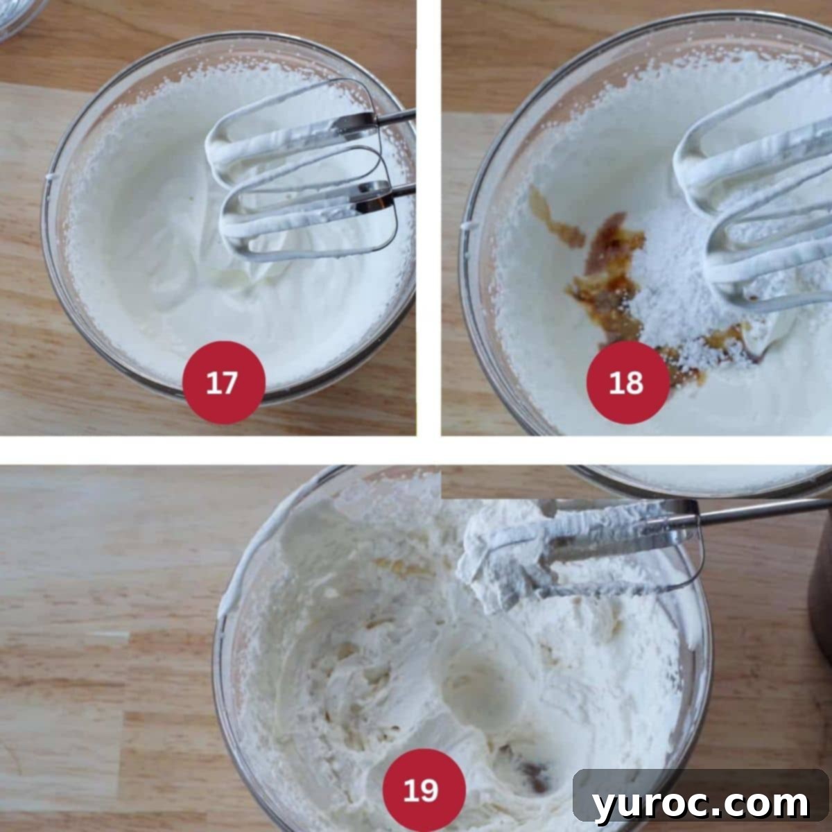 Collage of 3 photos of whipped cream being made for black forest yule log cake.