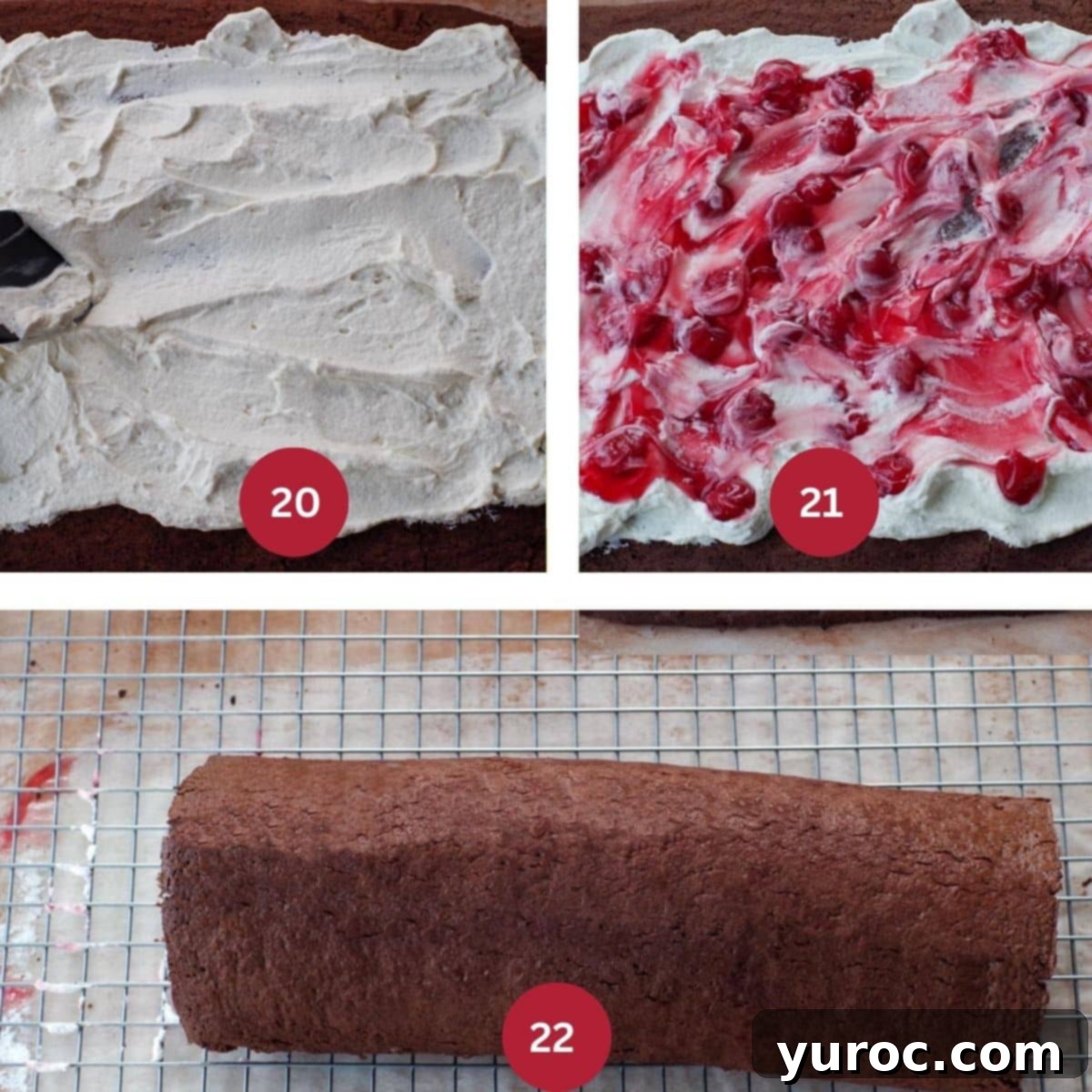 Collage of 3 photos of black forest yule log cake being assembled and rolled.