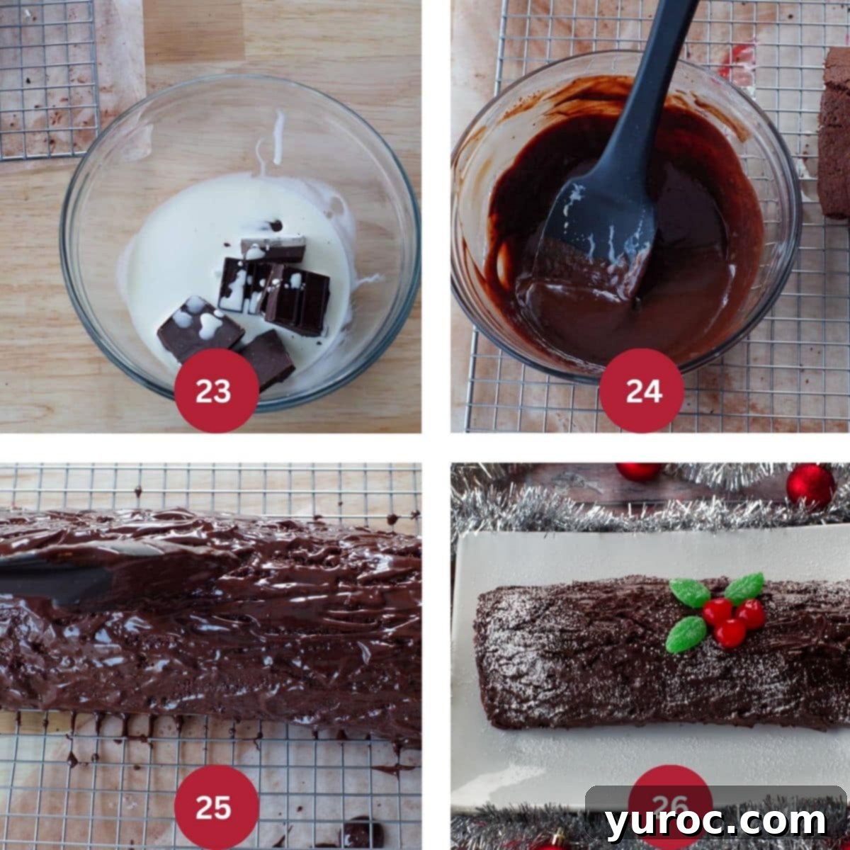 Collage of 4 photos of ganache being made and poured and decorated for black forest yule log cake. 