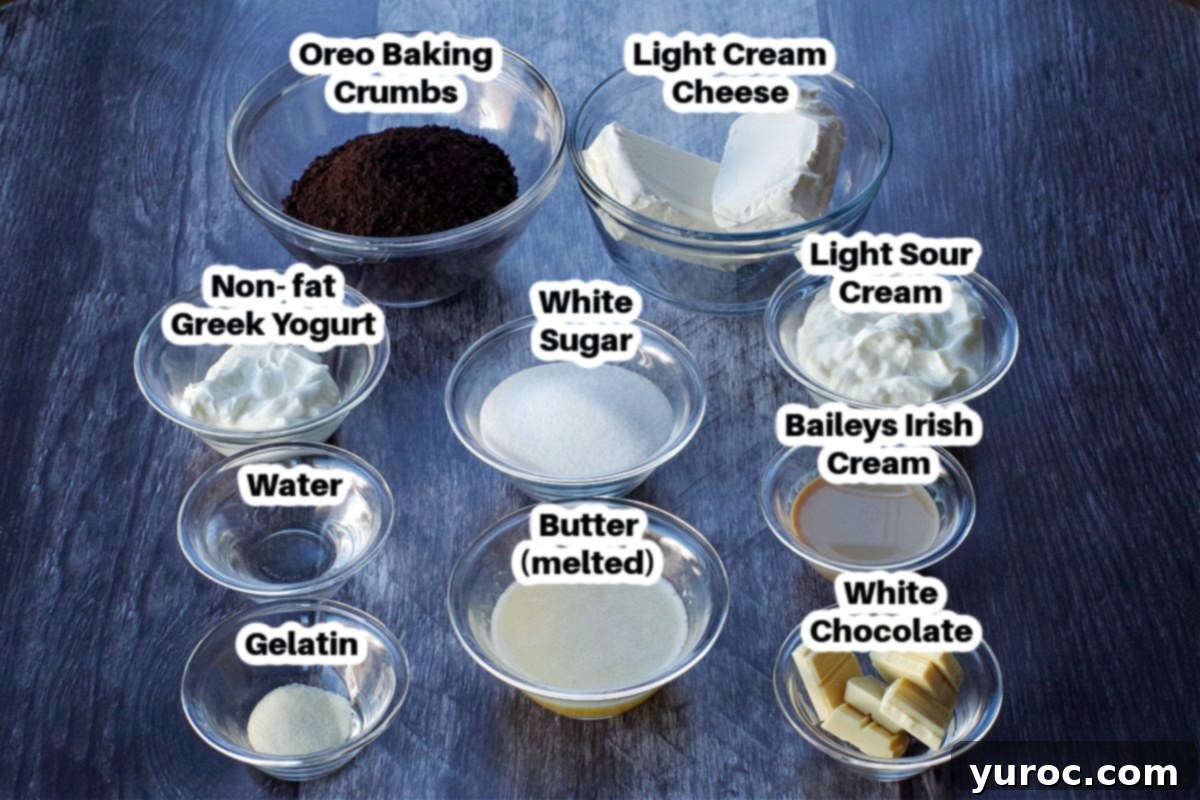 ingredients in no bake baileys cheesecake in glass dishes, labelled