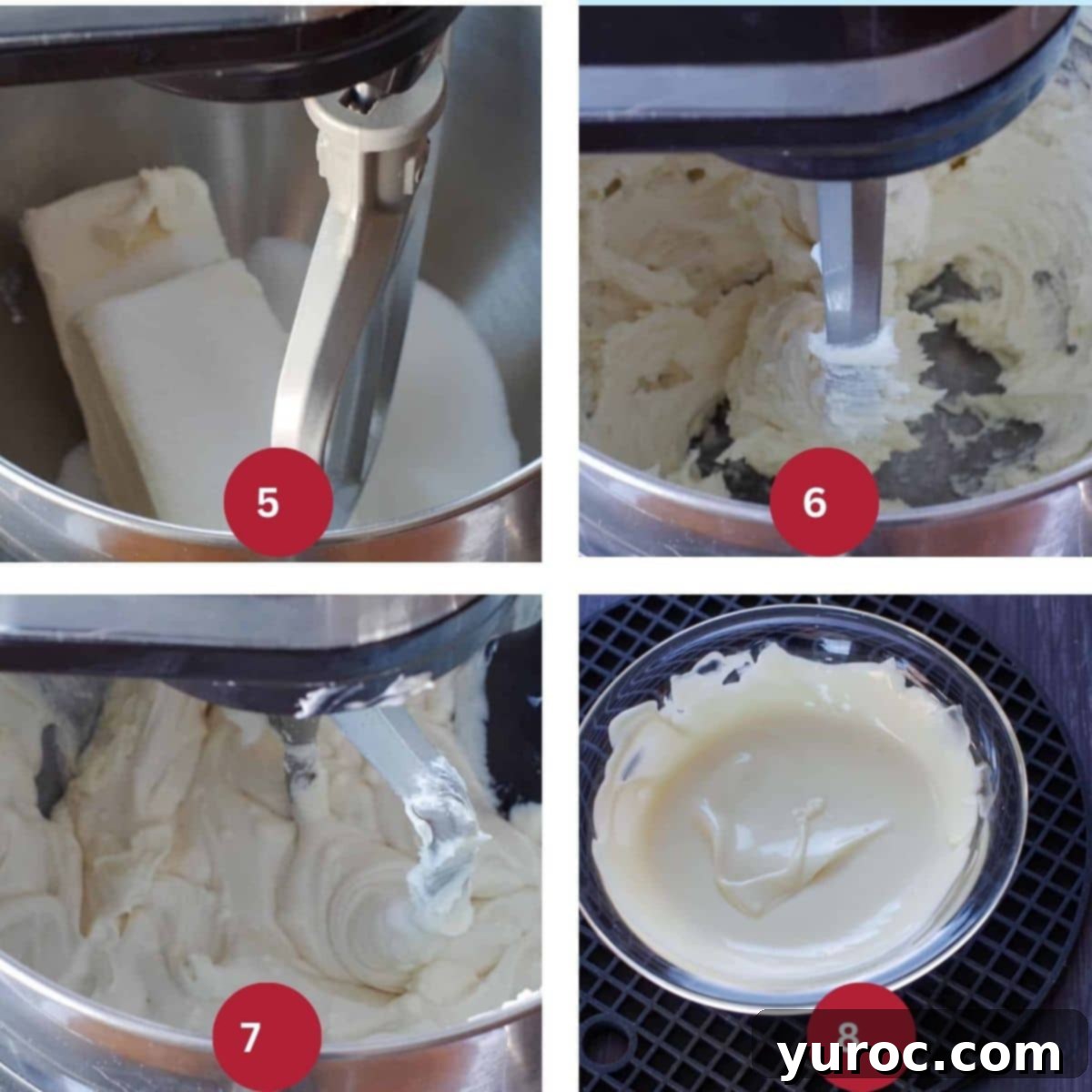 Collage of 4 photos of No Bake Baileys Cheesecake filling being made (part 1).