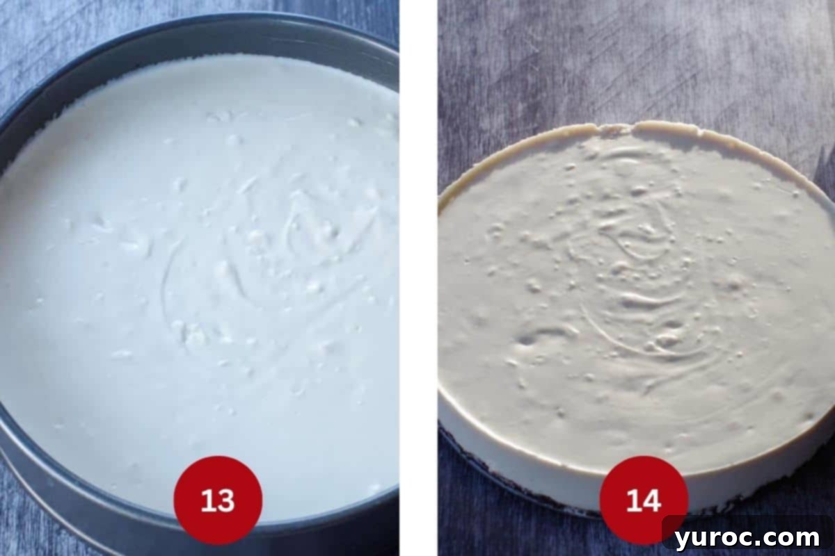 Collage of 2 photos of assembly of No Bake Baileys Cheesecake .