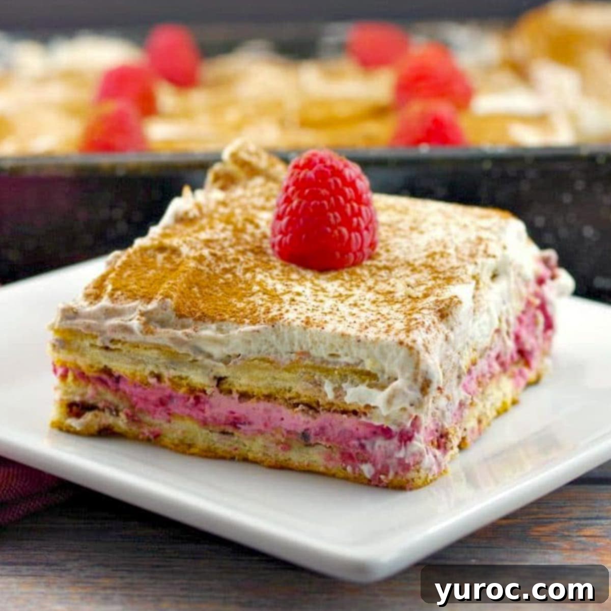 A delectable slice of Raspberry Mocha Cinnamon Roll Lasagna on a white plate, with the full pan visible in the background, ready for serving.
