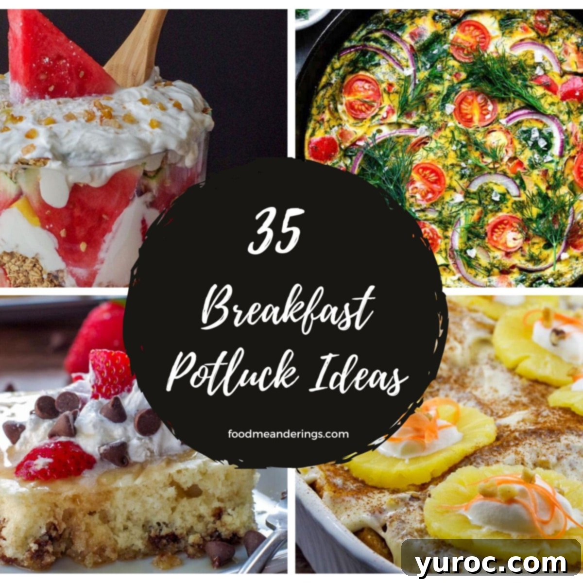 A collage of four enticing breakfast potluck recipe ideas, with descriptive white text on a central black circle.