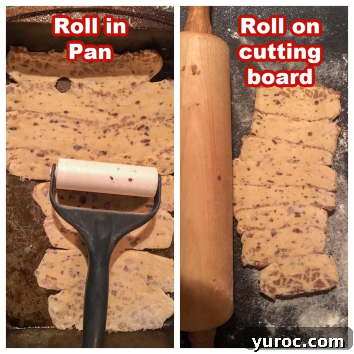 A visual guide showing two methods for preparing cinnamon roll lasagna: rolling the dough directly in the pan or on a cutting board before transferring.