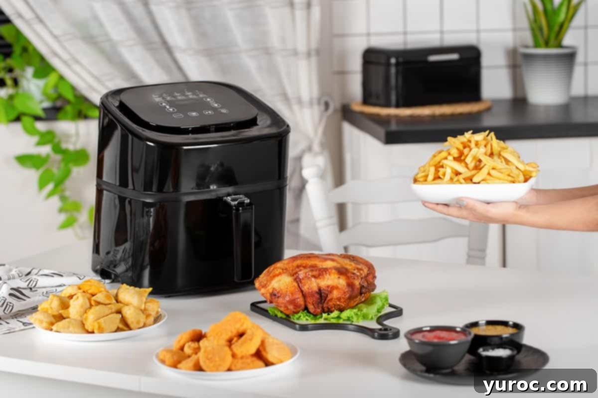 black air fryer surrounded by foods made in the air fryer (fries, wings etc)