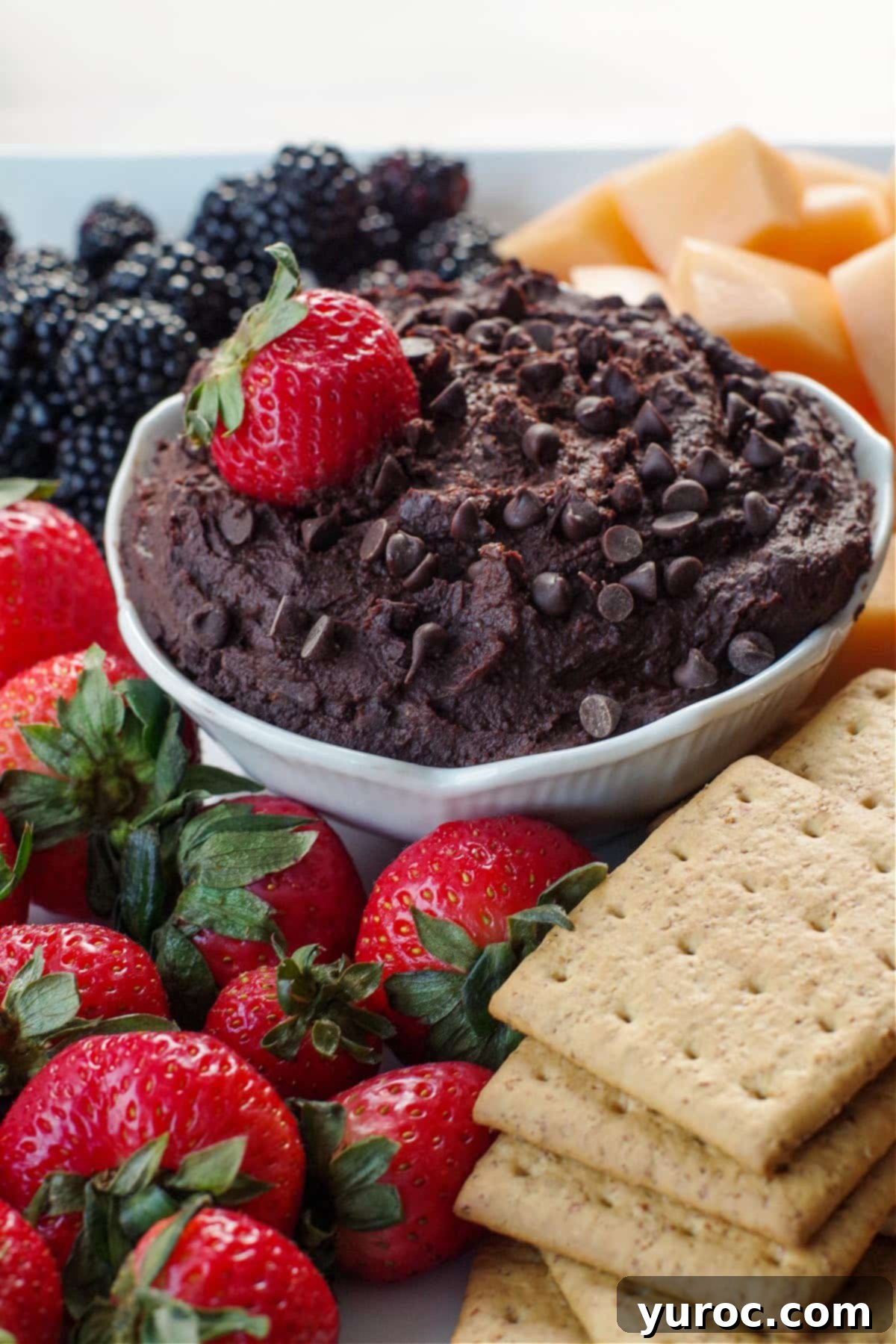 Decadent Dark Chocolate Date Hummus 12 An overhead shot of a white petal bowl brimming with rich dark chocolate hummus, with a single fresh strawberry dipped into it, resting on a white platter surrounded by an assortment of colorful fresh fruits and crisp graham crackers.