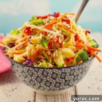 Healthy coleslaw in a black and white patterned bowl with a spoon sticking out of the coleslaw