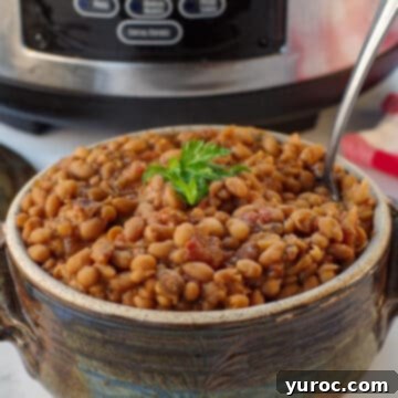 slow cooker baked beans in pottery with slow cooker in background