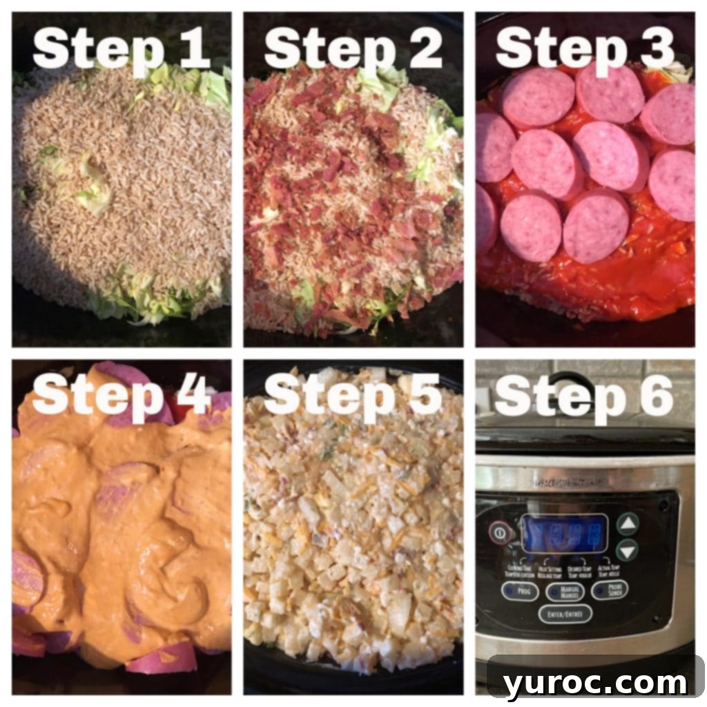 collage of 6 steps of making Ukrainian Daughter's Slow Cooker Casserole