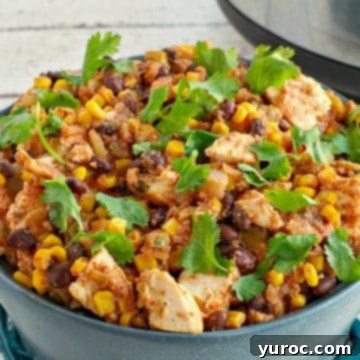 slow cooker mexican chicken in a blue dish with slow cooker in background