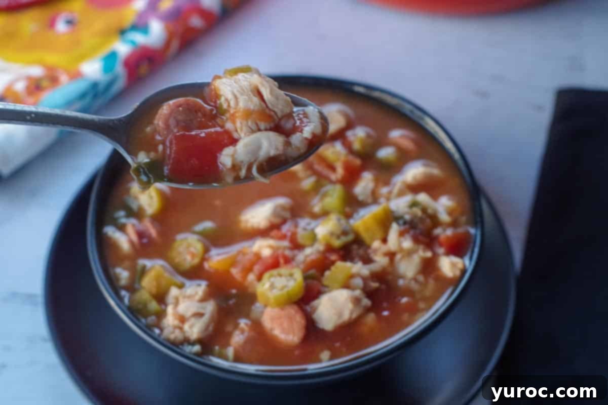 Cajun chicken gumbo soup in a black bowl, with a spoon holding up some soup