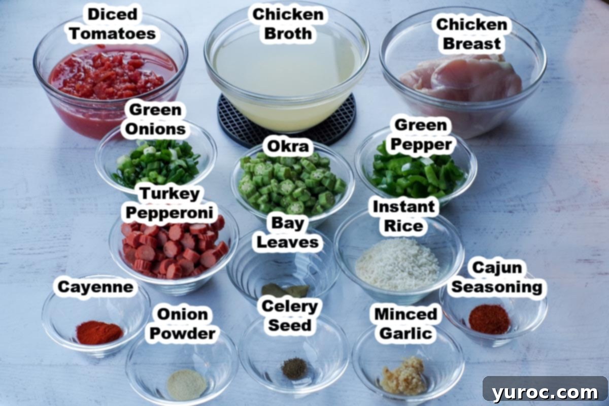 ingredients in Cajun Chicken gumbo soup, in glass bowls, labelled
