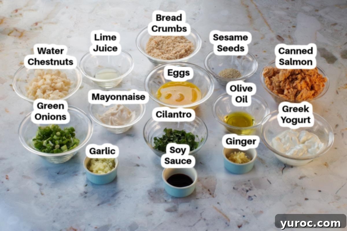 Golden Salmon Cakes with Zesty Ginger Lime Cream 3 Ingredients in pan-fried salmon patties in glass bowls, labelled
