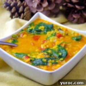 red lentil and spinach soup in a white bowl on yellow linens with pine cones in the background