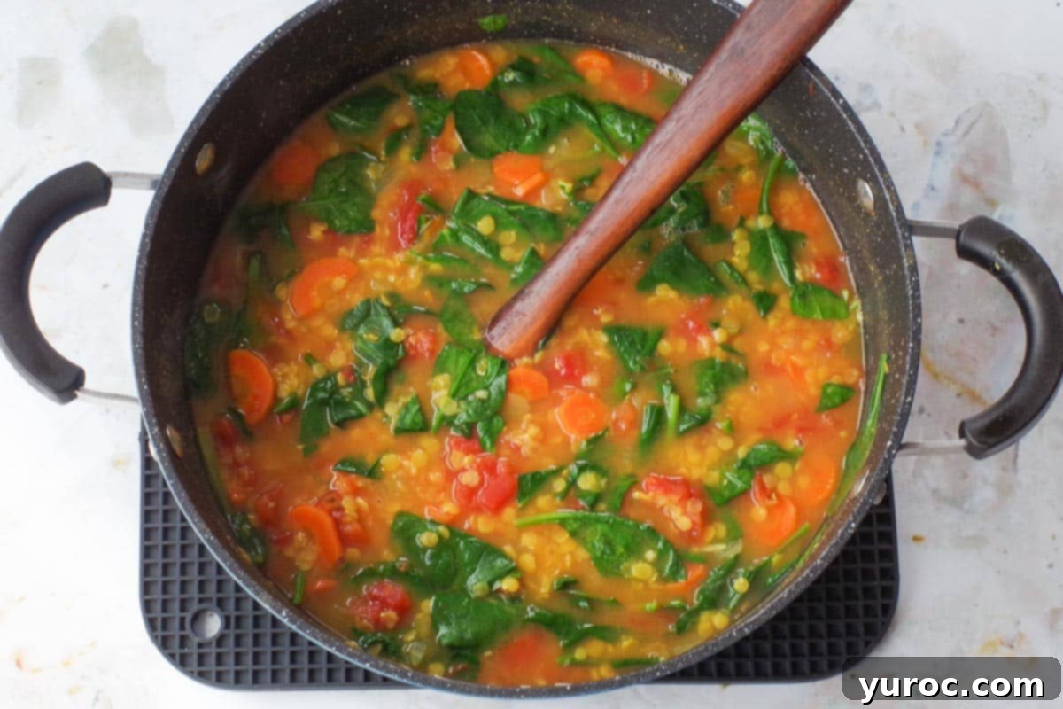Red Lentil soup cooked with spinach added to it and a wooden spoon in it.