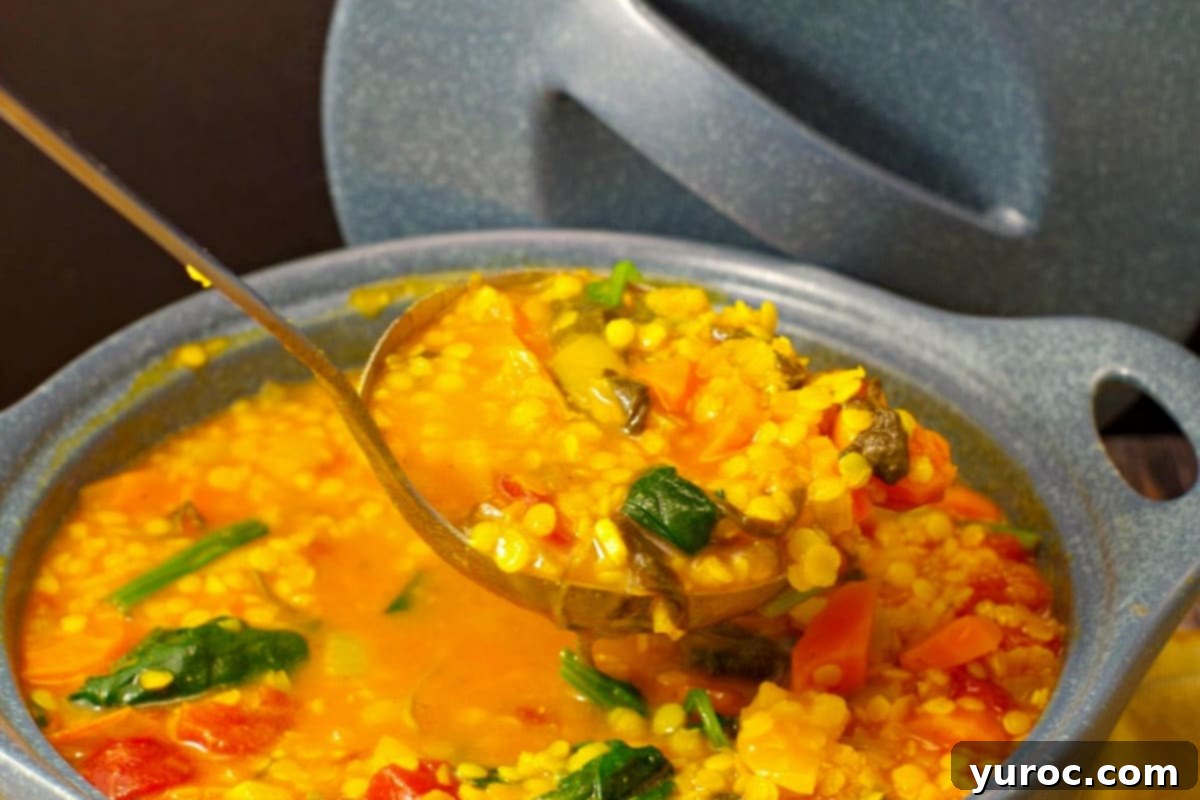 Red Lentil Spinach Soup being ladles out of a blue pot.