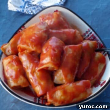 A beautifully arranged stack of Ukrainian cabbage rolls (holubtsi) served in a distinctive triangular Ukrainian print dish, resting on a striking blue surface.