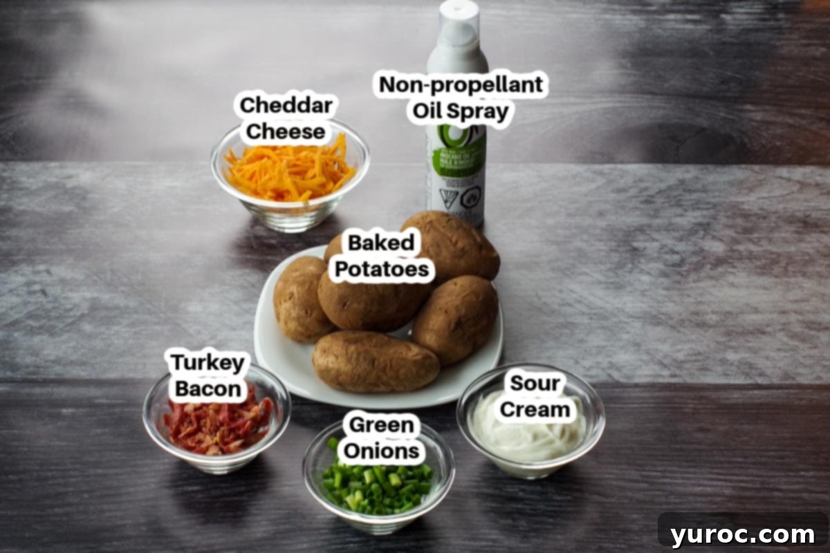 air fryer potato skin ingredients in glass dishes, labelled