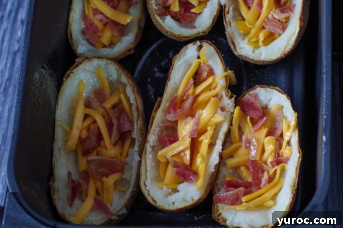potato skins in air fryer with oil sprayed on them