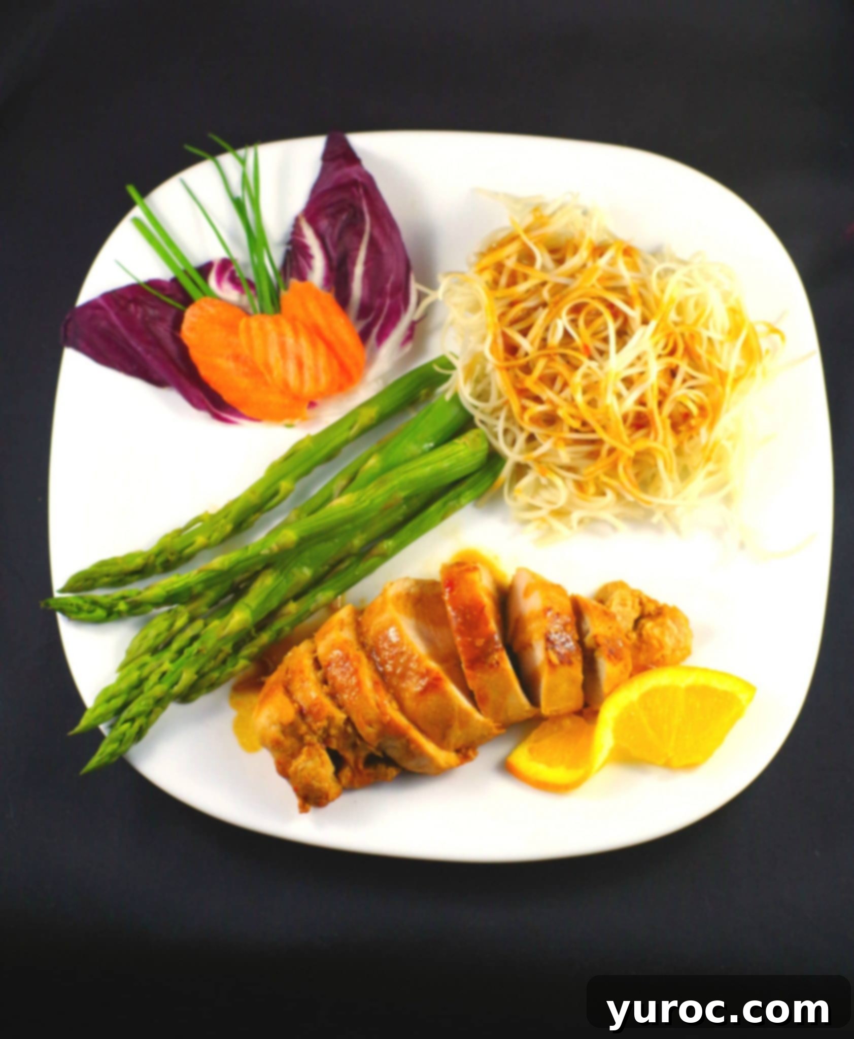 Sticky Orange Hoisin Chicken 12 Close-up of a finished Orange Hoisin Chicken dish, beautifully plated and garnished