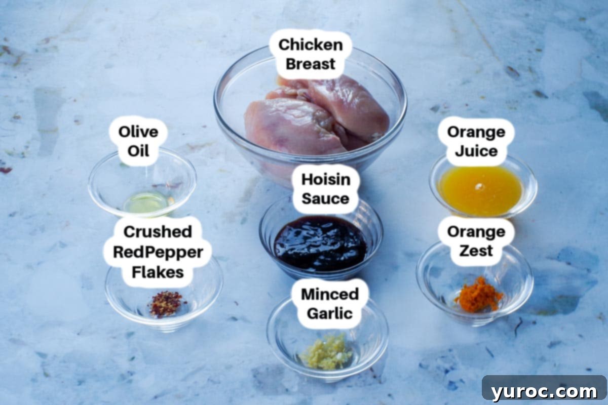 Sticky Orange Hoisin Chicken 3 Ingredients for Orange Hoisin Chicken laid out in glass bowls, clearly labeled