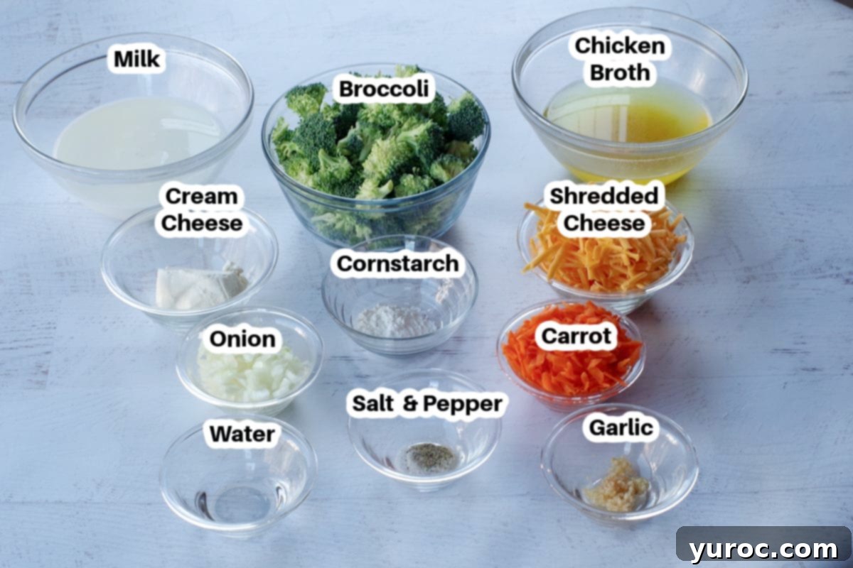 Labeled ingredients for broccoli cheese soup in glass dishes