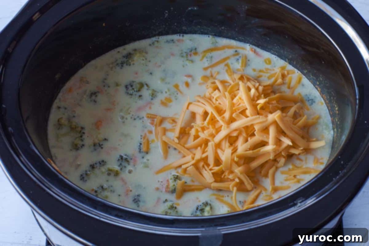 Shredded cheese being added to the slow cooker broccoli soup