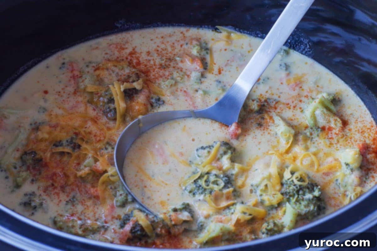 Thickened soup in slow cooker with a ladle