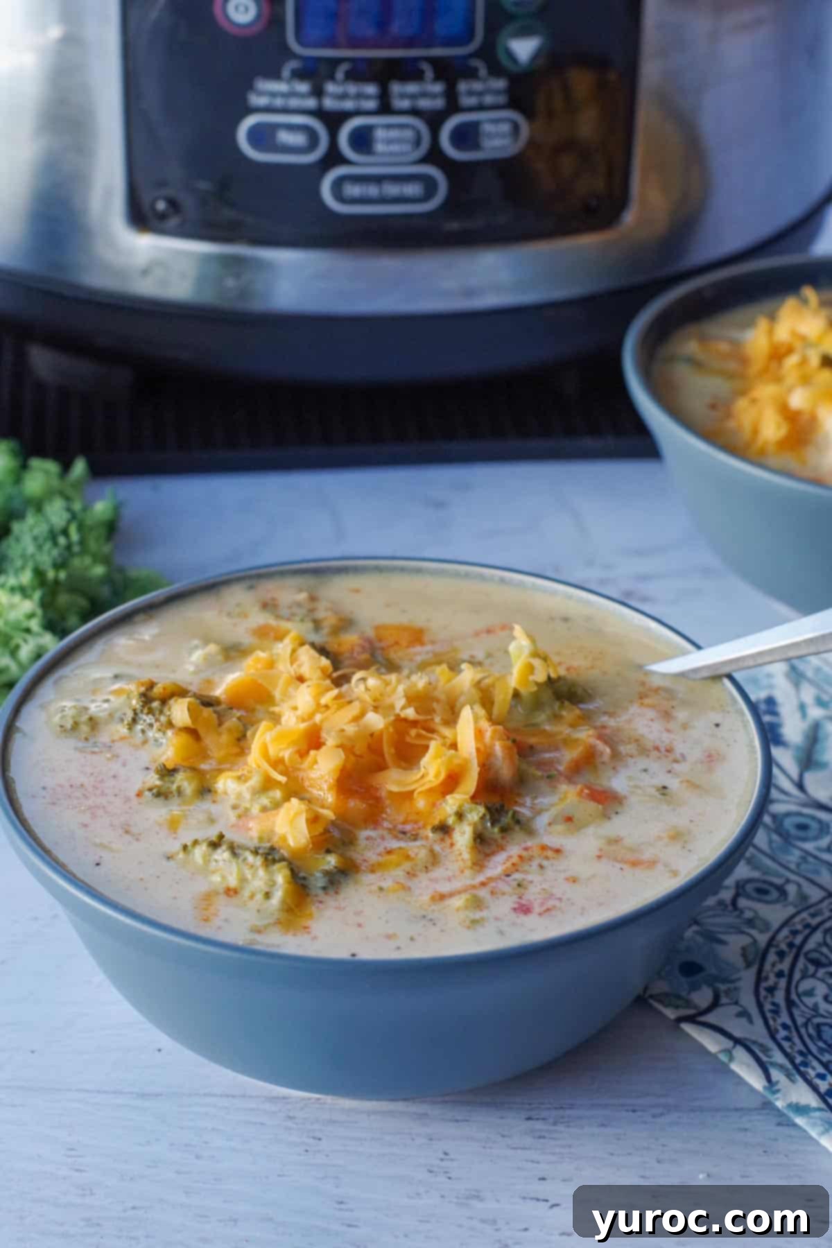 Slow cooker broccoli cheese soup in a blue bowl in front of a slow cooker