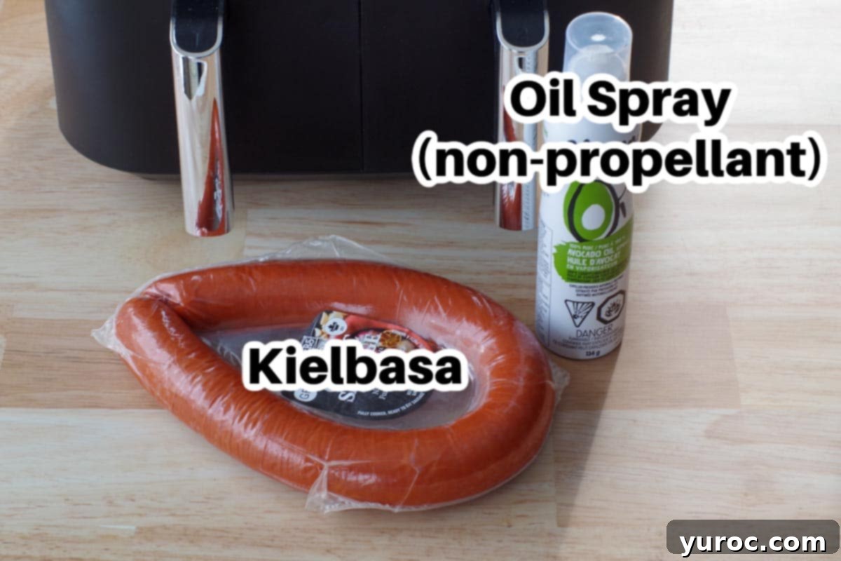 kielbasa and spray oil on counter surface with air fryer in the background
