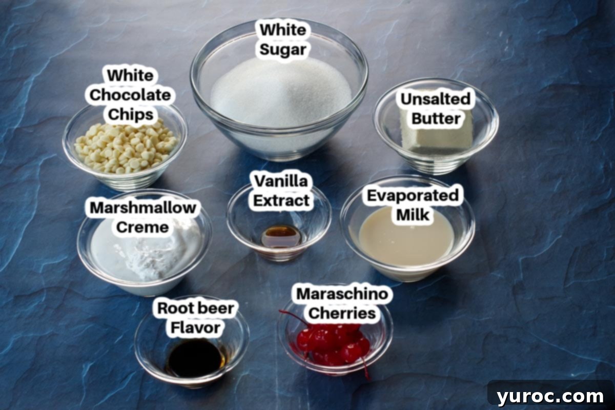 root beer float fudge ingredients in labelled glass dishes on blue surface
