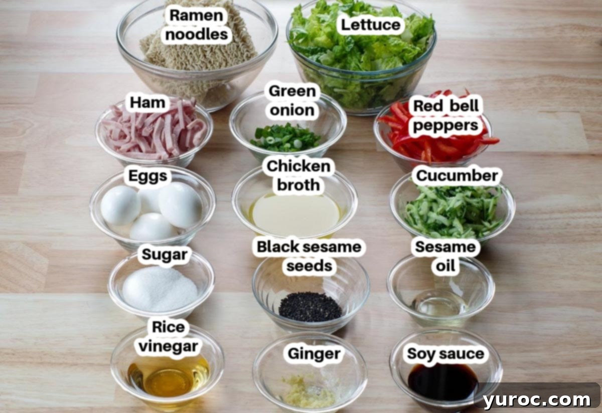 ingredients in Japanese cold noodle salad glass bowls, labelled