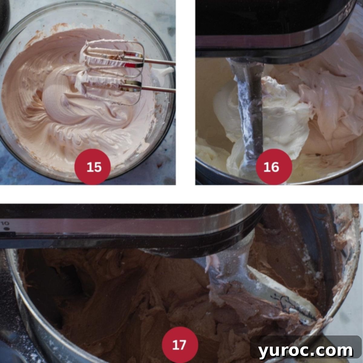 Collage of 3 photos of Root Beer Float cake frosting being made