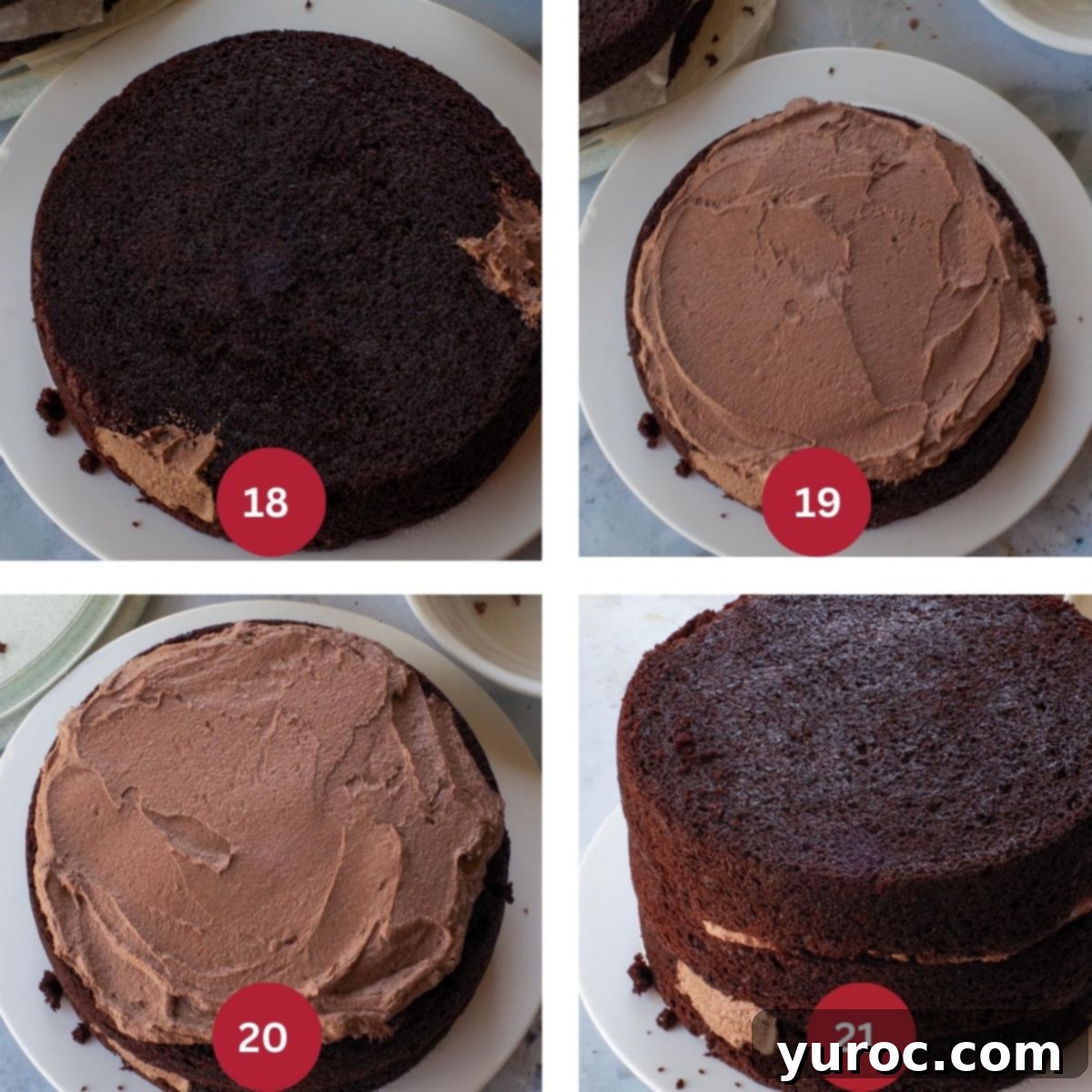 Collage of 4 photos of Root Beer Float Cake being assembled and filled.